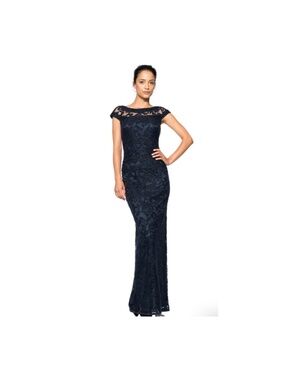 Tadashi Shoji Embroidered Banded Lace Gown Navy Blue Women's Size 4